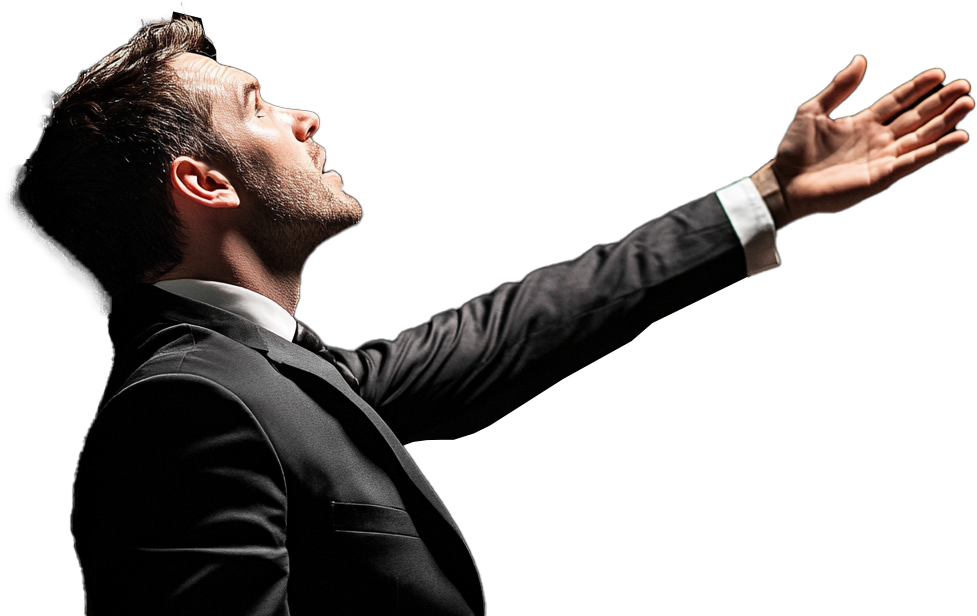 business man reaching up to the right